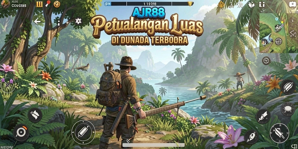 Tangkapan layar gameplay AJR88 menunjukkan petualangan di dunia terbuka yang luas.