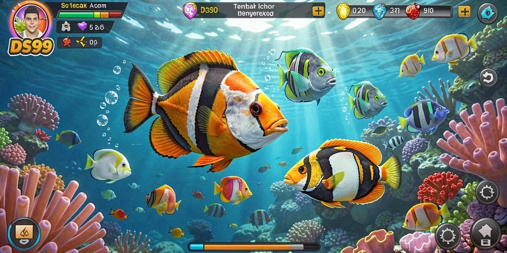 Tampilan gameplay DS99 dengan aksi seru menangkap ikan.