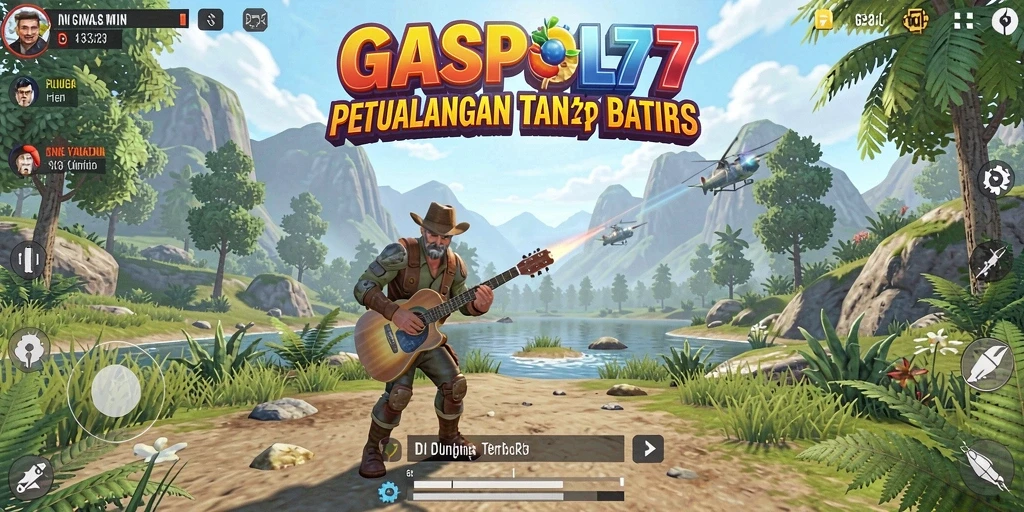 Screenshot GASPOL77 menampilkan pemandangan luas dan karakter menjelajah.
