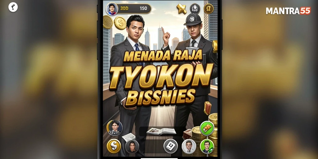 Tampilan gameplay <strong>MANTRA55</strong> dengan manajemen bisnis yang seru.