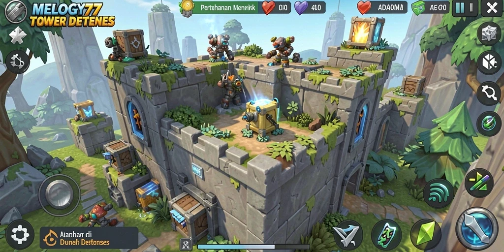 Screeshot gameplay MELODY77 menampilkan aksi Tower Defense yang mendebarkan.